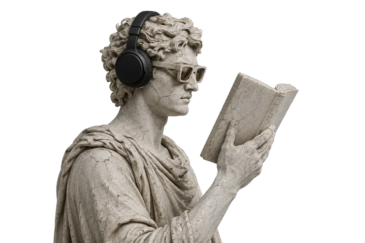 Philosopher reading with headphones